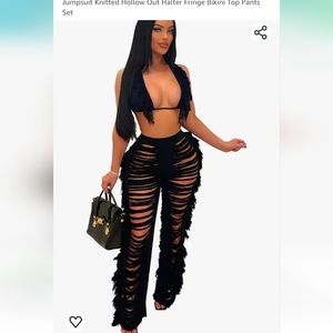 2 Piece Beach Jumpsuit Knitted Hollow Out Halter Fringe, Bikini top pant set